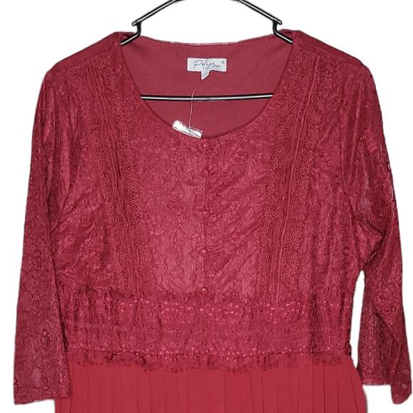 Polagram Burgundy Pleated Skirt Lace 3/4 Sleeve Knee Length Red Dress Women Sz L - Picture 5 of 8